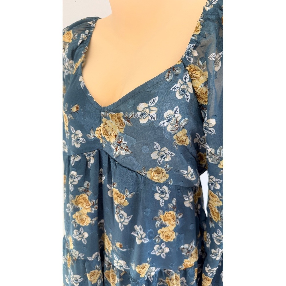 Baltic Born Lombard Tiered Dress Blue Gold Floral Cottagecore Boho Mini Medium - Picture 8 of 15